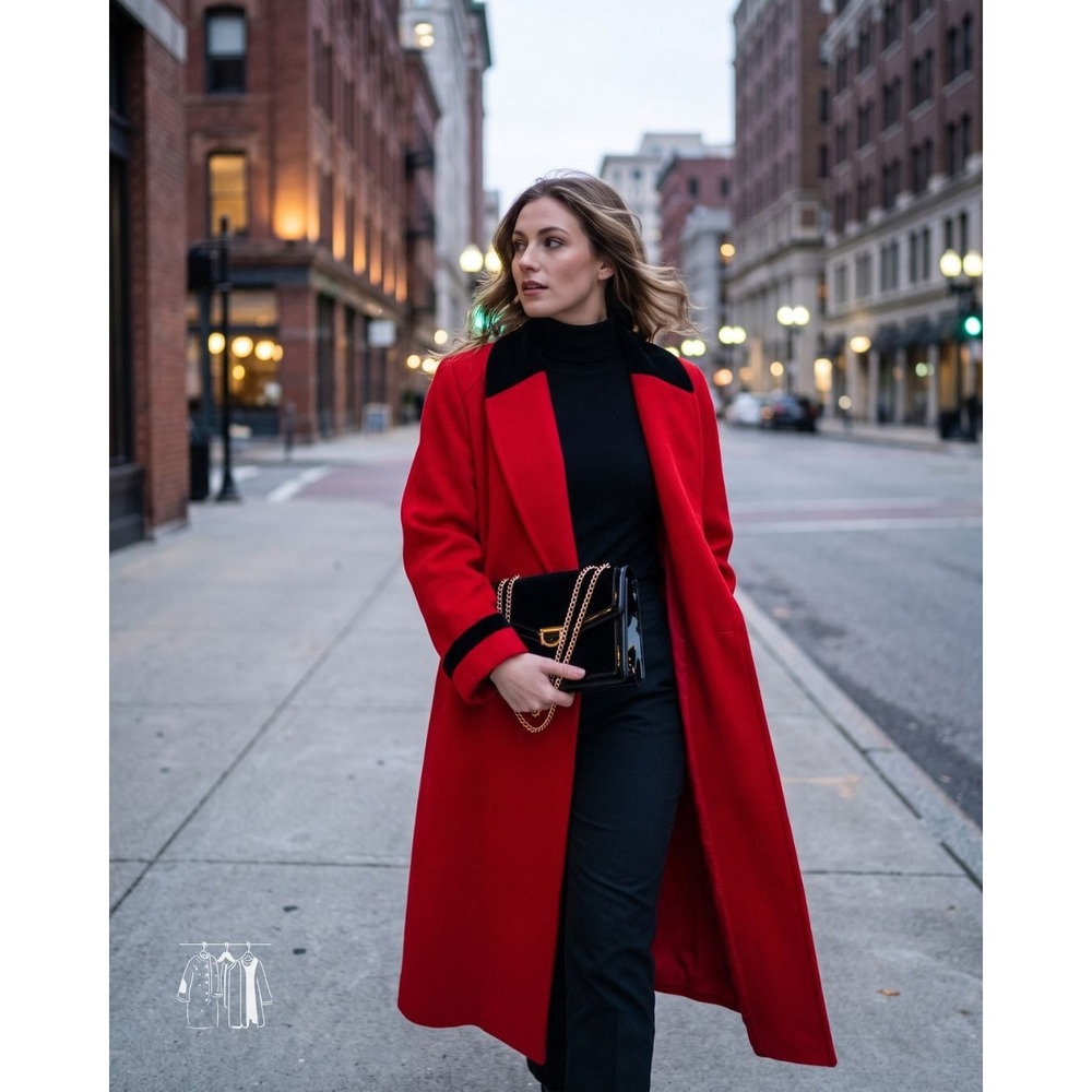 Vintage 80s Wool Trench Coat Womens 6 Red Excellent Velvet Collar Made in USA